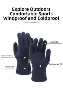 Detail view of winter knit gloves showing touch screen tips and thermal double-layer cuffs