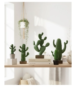 Detailed resin cactus decor set on wooden shelf featuring realistic textures and Nordic style