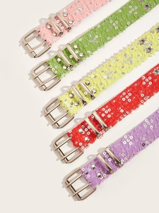 Detail of colorful punk denim belts with vibrant sequins and double grommet star design