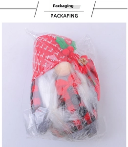 Christmas gnome plush toy with red plaid body and long white beard in clear packaging