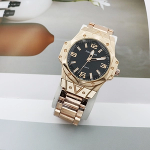 Men's large gold stainless steel quartz watch with black dial and luminous numerals