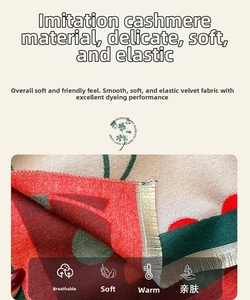 Detail of soft cashmere-like scarf fabric showing cozy red cherry pattern and stitching