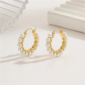 Elegant 14k gold plated hoop earrings with white pearls in a minimalist design