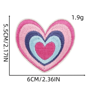 Detailed view of colorful heart-shaped embroidery patch with size dimensions in cm and inches
