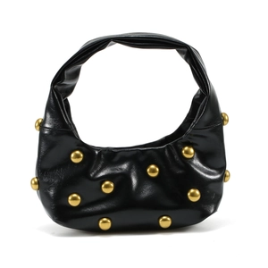 Fashionable black faux leather shoulder bag with gold stud accents and a retro silhouette