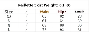 Size chart for sequin mini skirt showing XS to L measurements for waist, hip and length
