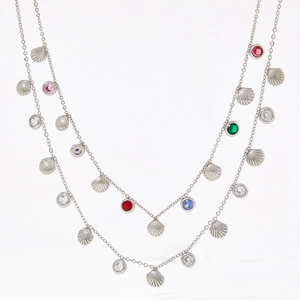 Double-layered silver necklace with seashell pendants and colorful zircon stones