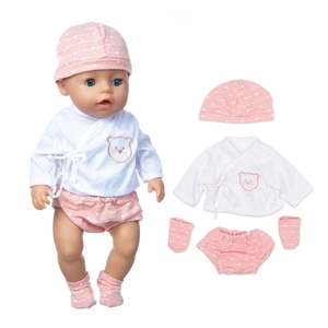 Detailed set for 18-inch dolls featuring white bear top and pink polka dot accessories