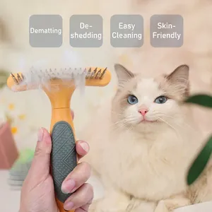 Dual-row pet grooming rake for long hair cats and dogs with non-slip orange handle