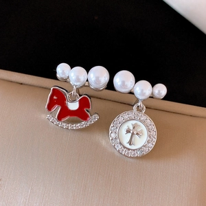 Asymmetric 18K gold plated horse and cross stud earrings with pearls and red enamel
