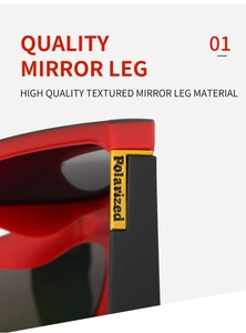 Macro detail showing polarized logo and high-quality hinge on red and black sunglasses