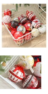 Close-up of festive foam Christmas balls with reindeer and plaid patterns in a white basket