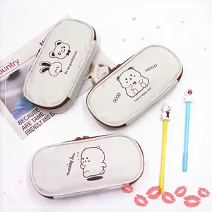Cute bear canvas pencil case set with large capacity and mental zipper for students