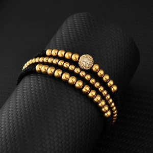 Luxury 3-piece 5mm gold bead bracelet set for men featuring a micro-pave zircon charm