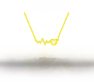 Detail view of heart-beat lightning pendant with dimensions on white background