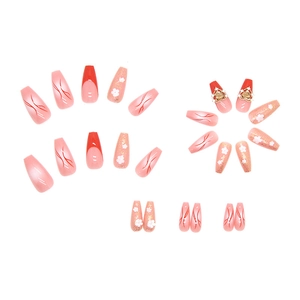 Red heart press-on nails set with 3D pearls and glitter in long coffin shape