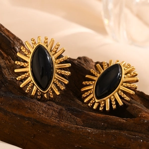 18K gold plated stainless steel stud earrings with black onyx eye sunburst pattern