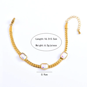 Detail of golden bracelet with iridescent gems showing size 16.5+3.5cm and 6.5g weight