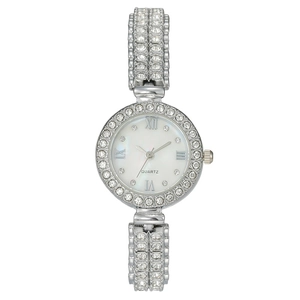Elegant women's silver quartz watch with round rhinestone bezel and mother-of-pearl dial