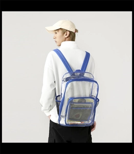 Detail showing transparent blue waterproof PVC backpack with large capacity and mesh pockets
