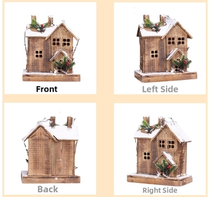 360-degree view of wooden Christmas cabin with artificial snow and red berries