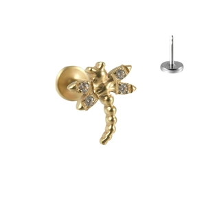 Piercing labret libellule dorée avec ailes en zircon blanc et tige en titane plat