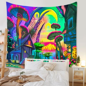 Detail of surreal mushroom forest tapestry with vibrant digital print in bedroom
