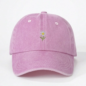 Casquette de baseball en coton lavé rose avec broderie marguerite et visière réglable