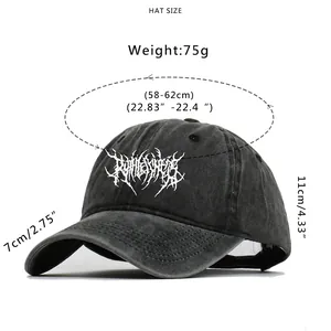 Unisex washed cotton baseball hat with embroidery and detailed size measurements