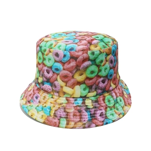 Detail of colorful cereal loop pattern print on a summer bucket hat with neat stitching
