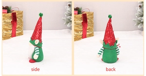 Side and back view of sequined Christmas gnome doll with red hat and green body