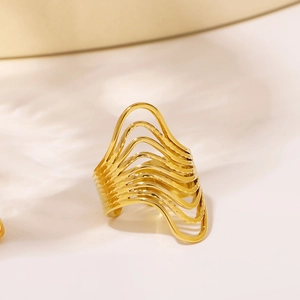 Chic 18k gold plated stainless steel irregular wavy multi-layered ring for women