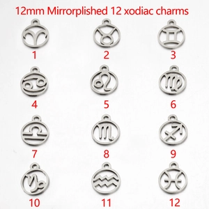 Set of 12 mirror polished stainless steel 12mm zodiac charms with hollow designs
