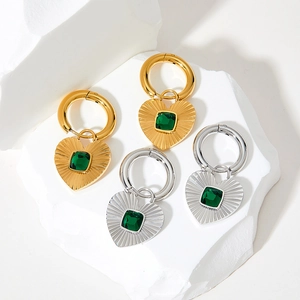 Stainless Steel Heart Pendant Hoop Earrings With Square Cut Zircon Radial Texture Elegant Jewelry For Women Gift