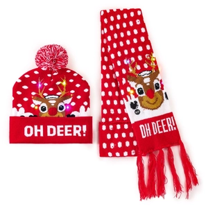 Detailed view of LED light-up Christmas hat and scarf set with reindeer pattern