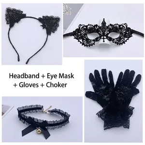 Cat ear headband, lace eye mask, gloves, and bell choker set for Halloween party