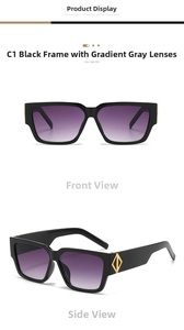 Detail of square hip-hop sunglasses with black frames and gold diamond-shaped metal accents