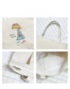Detail view of canvas tote bag featuring floral girl print and internal zipper pocket