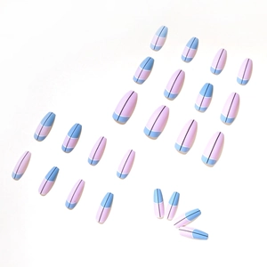 24pcs Blue and Pink Geometric Coffin Press on Nails with Matte Finish and Black Divider