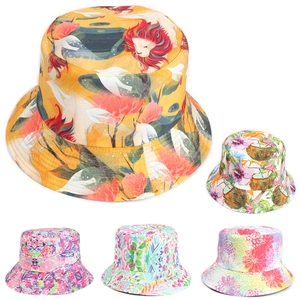 Reversible Bucket Hat Cotton Polyester Floral Print Graffiti Double Sided Sun Protection Foldable Outdoor Travel
