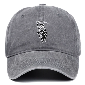 Dark grey washed cotton baseball cap featuring grim reaper embroidery in a street style