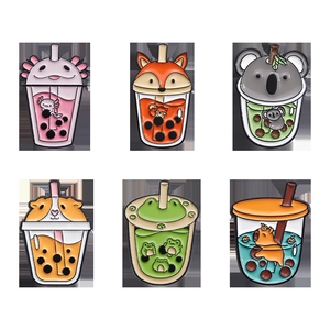 Set of six cute animal enamel pins featuring boba milk tea designs in a 2x3 grid
