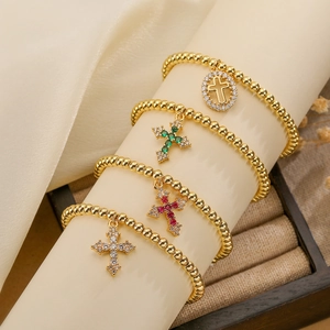 Cross Pendant Bead Bracelet Gold Plated Copper Cubic Zirconia Micro Inlaid Elastic Stretch Religious Style Fashion Jewelry