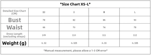 Größentabelle für Leinenkleid mit Maßen für Brust, Taille und Länge in den Größen XS bis L