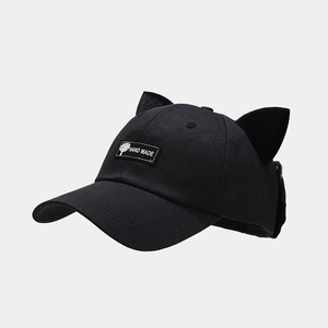 Cat ear aviator baseball cap in black cotton with handmade woven patch and 3D ears