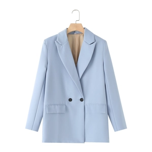 Detail of light blue double-breasted blazer showing tailoring and premium fabric texture