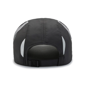 Rear view of a black quick-dry sports mesh cap with breathable gray side panels