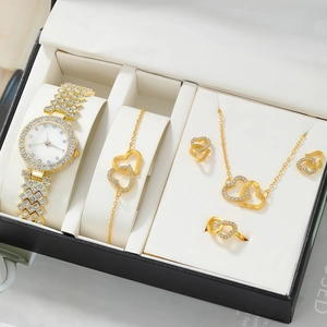 Elegant 5-piece gold jewelry set with rhinestone watch and interlocking heart design in box