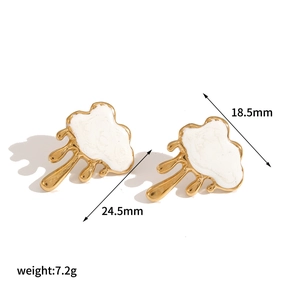 Golden drip earrings with white enamel fill and dimension specs 18.5mm by 24.5mm