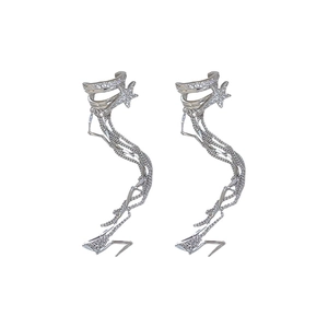 Orecchini ear cuff a stella in argento con frange di zirconi e design a catena lunga